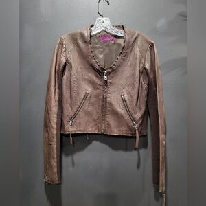 Veda Chocolate Brown Crop Leather Scoop Neck Zip Moto Biker Jacket